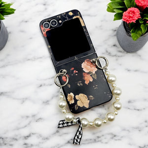 Samsung Galaxy Z Flip 5 Black Floral Pearl Strap Holder Case