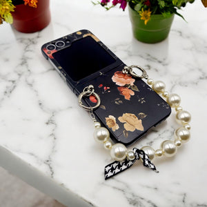 Samsung Galaxy Z Flip 5 Black Floral Pearl Strap Holder Case