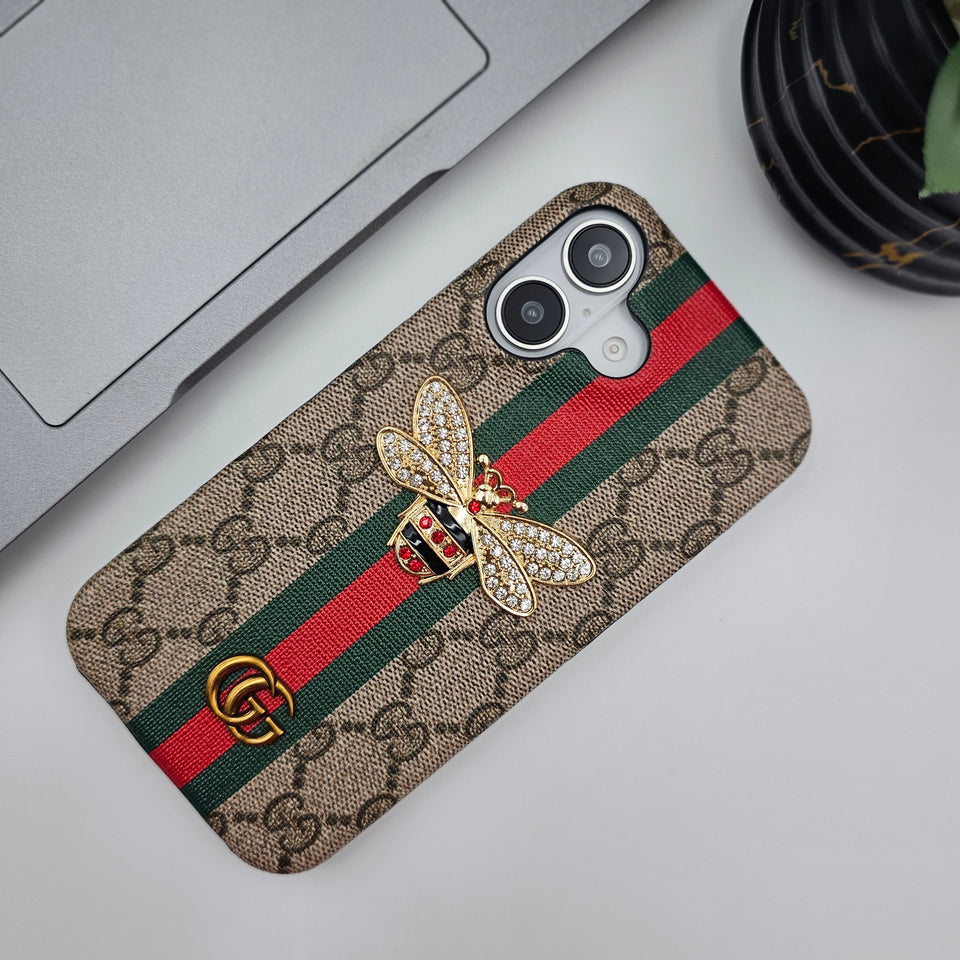 iPhone 16 Series GG Bee Stripe Leather Case