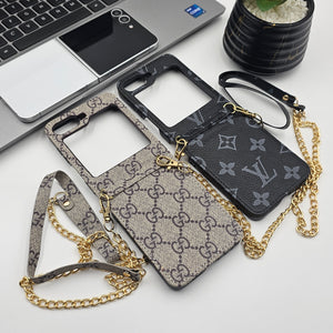 Samsung Galaxy Z Flip 5 Luxury PU Leather Brand Case With Sling Chain Strap