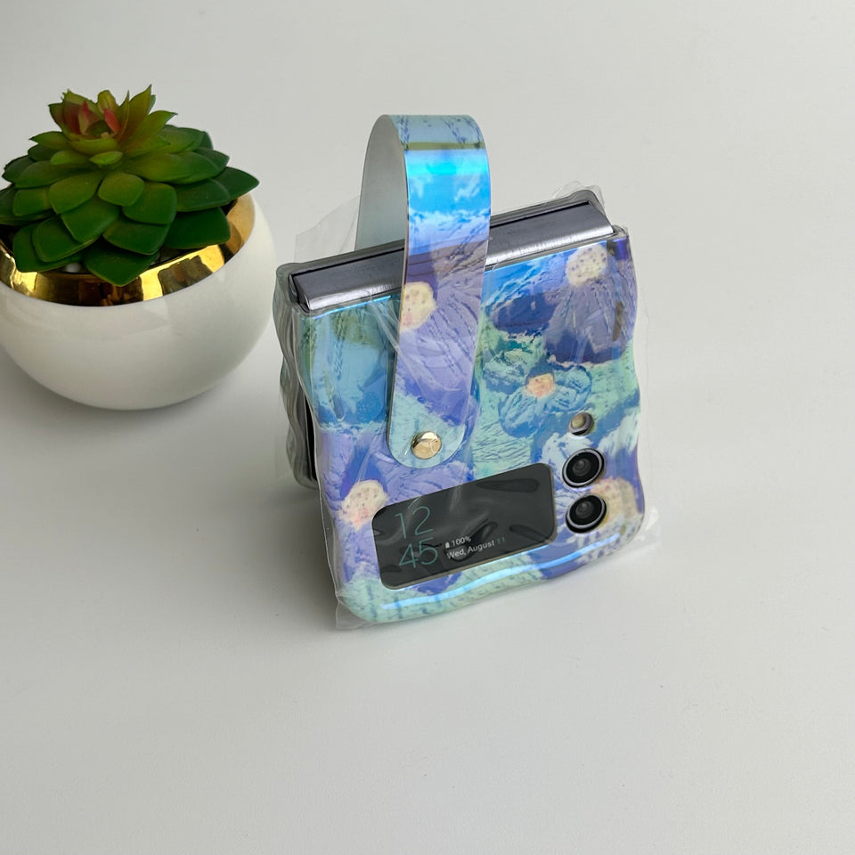 Samsung Galaxy Z Flip 4 Wavy Design Floral Print Glossy Back Case Cover With Wriststrap Holder