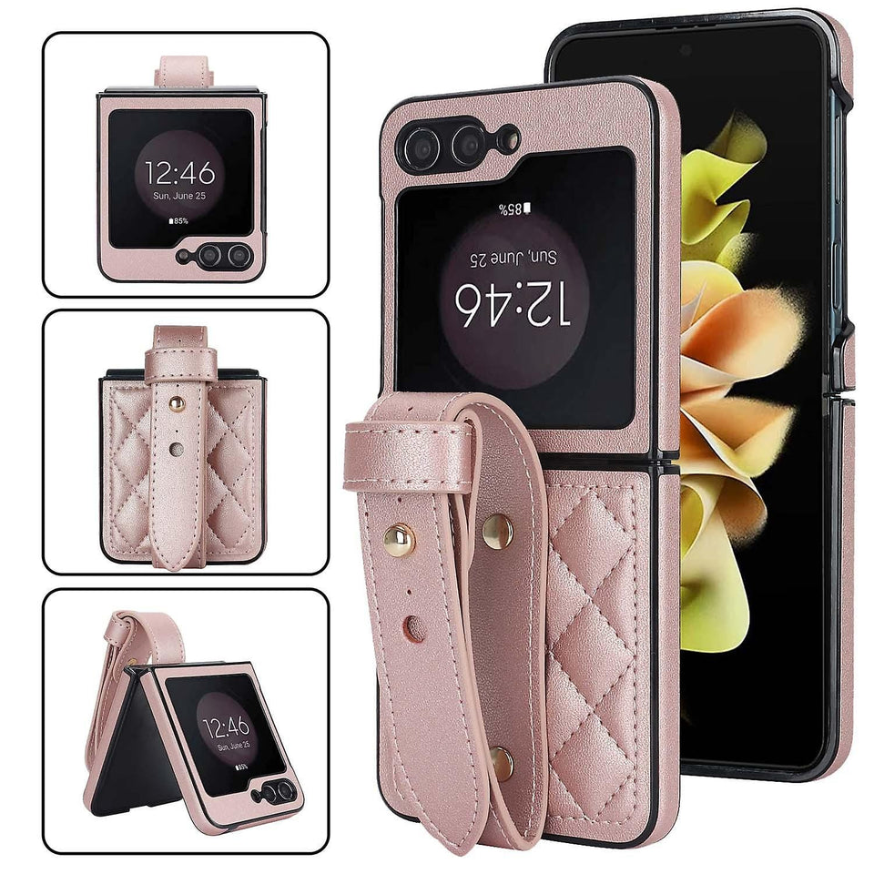 Samsung Galaxy Z Flip 5 Luxury Pu Puffer Leather Stitch Wristband Stand Case Cover Clearance Sale