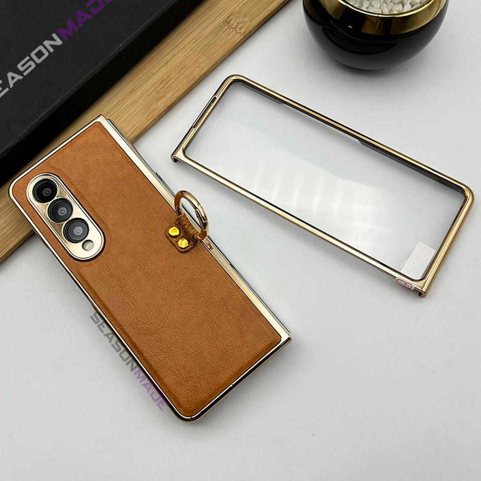 Samsung Galaxy Z Fold 4 PU Leather Chrome Plated With Front Screen Protector Metal Ring Case Cover Clearance Sale