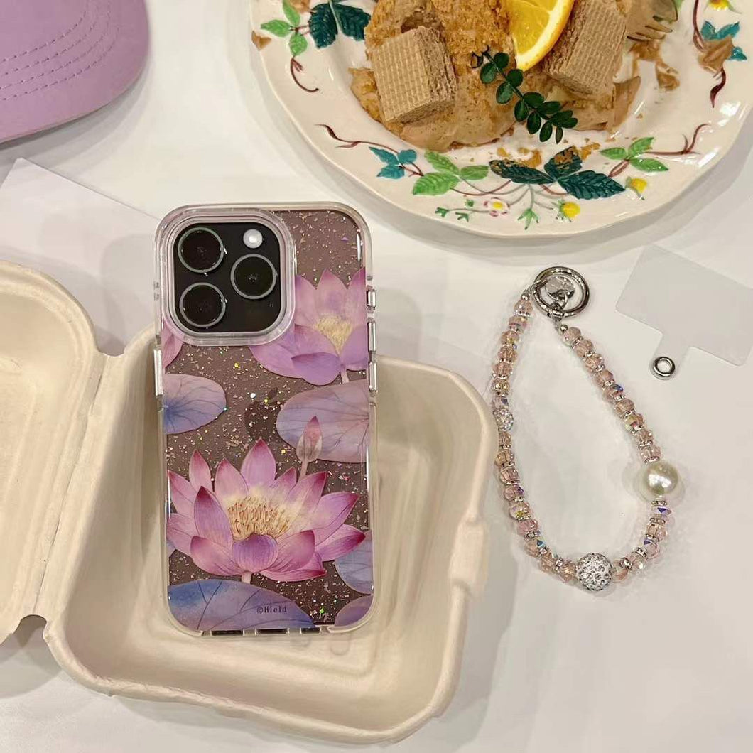 iPhone Lotus Floral Shimmer Case With Pearl Strap Holder