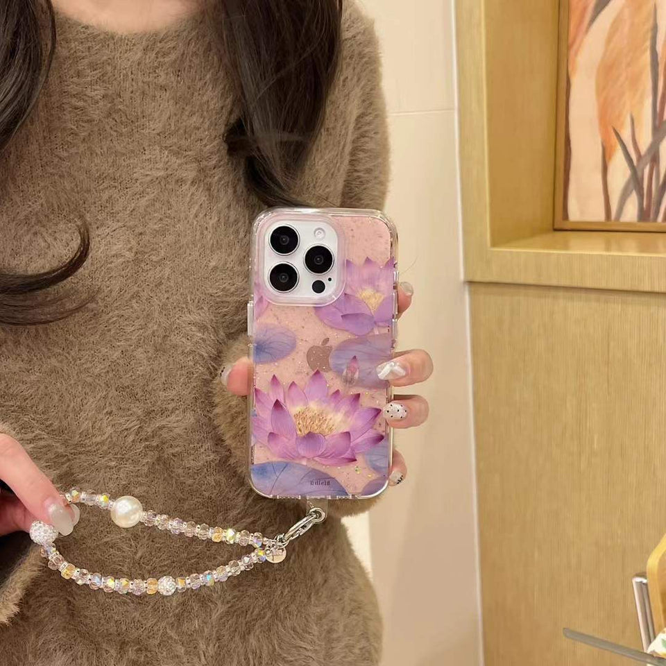 iPhone Lotus Floral Shimmer Case With Pearl Strap Holder