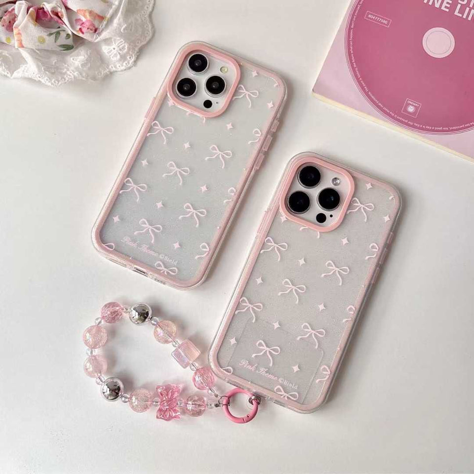 iPhone Pink Bow Shimmer Case With Pearl Strap Holder