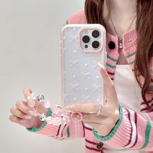 iPhone Pink Bow Shimmer Case With Pearl Strap Holder