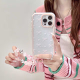 iPhone Pink Bow Shimmer Case With Pearl Strap Holder