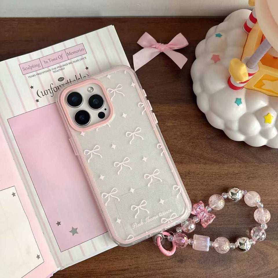 iPhone Pink Bow Shimmer Case With Pearl Strap Holder