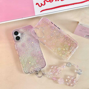 iPhone Pink Sparkle Pattern Shimmer Case With Floral Strap Holder