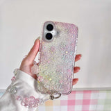 iPhone Pink Sparkle Pattern Shimmer Case With Floral Strap Holder