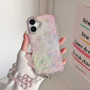 iPhone Pink Sparkle Pattern Shimmer Case With Floral Strap Holder