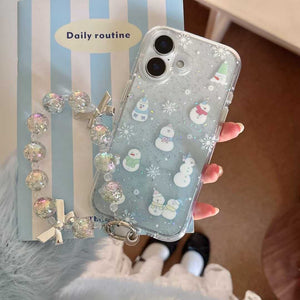 iPhone Winter Snowman Pattern Case With Pearl Strap Holder