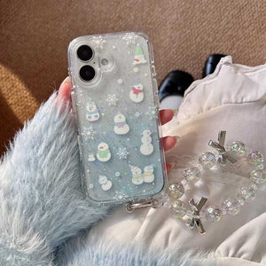 iPhone Winter Snowman Pattern Case With Pearl Strap Holder