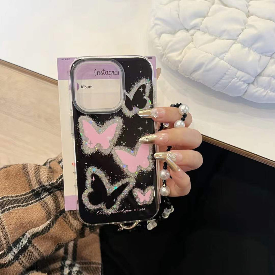 iPhone Pink Butterfly Shimmer Case With Strap Holder