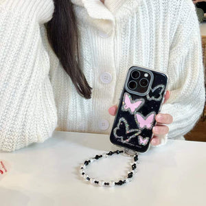 iPhone Pink Butterfly Shimmer Case With Strap Holder