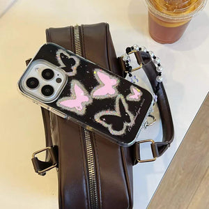 iPhone Pink Butterfly Shimmer Case With Strap Holder