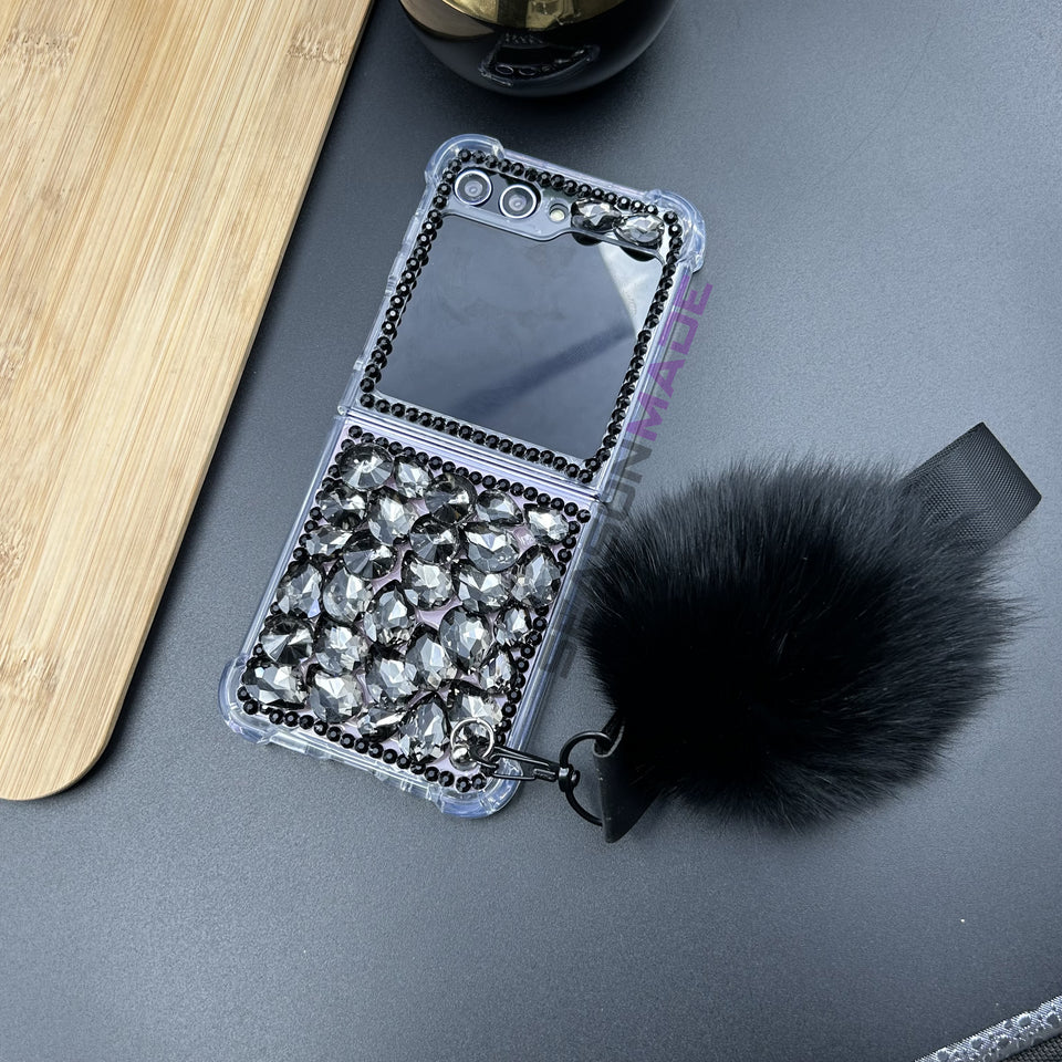 Samsung Galaxy Z Flip 5 Fancy Black Stone Diamond  With Fur Strap Case Cover