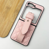 Samsung Galaxy Z Flip 5 Luxury Pu Puffer Leather Stitch Wristband Stand Case Cover Clearance Sale