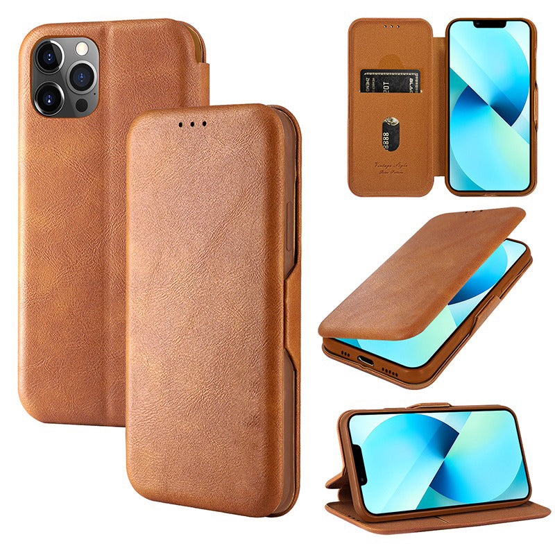 Shell Style Leather iPhone 13 Mini Flip Cover With Card Holder Brown Clearance Sale