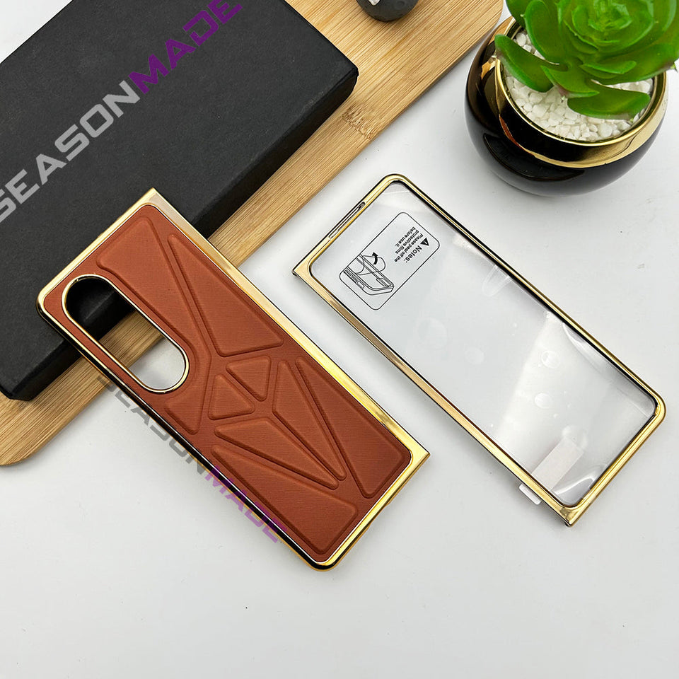 Samsung Z Fold 3 PU Triangular Leather Chrome Plated Front Screen Protector Case Cover Clearance Sale