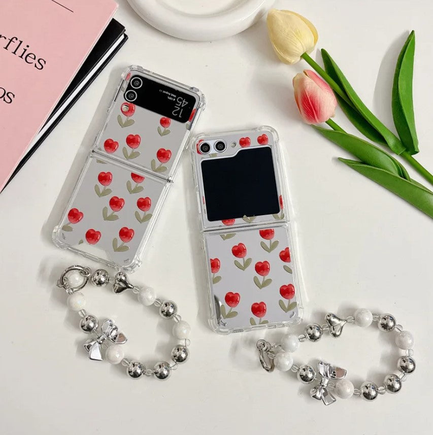 Samsung Galaxy Z Flip 5 Red Floral Tulip Mirror Case With Pearl Holder