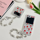 Samsung Galaxy Z Flip 5 Red Floral Tulip Mirror Case With Pearl Holder