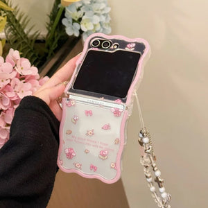 Samsung Galaxy Z Flip 6 Pink Bow Floral Quote Pattern Case With Pearl Holder