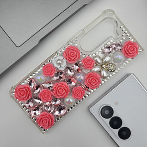 Samsung Galaxy Z Fold 5 Pink Floral Diamond Stone Shimmer Case