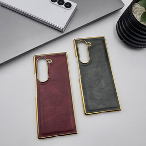 Samsung Z Fold 6 PU Leather Chrome Plated With Front Screen Protector Case