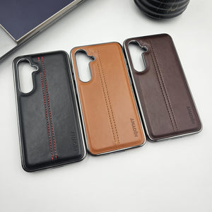 Samsung Galaxy S24 FE Centre Stitched Leather Case Chrome Border Inside Velvet