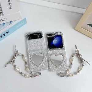 Samsung Galaxy Z Flip 6 Heart Shape Mirror Bling Case With Strap Holder