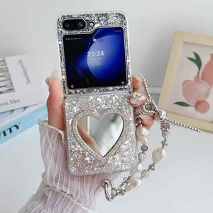 Samsung Galaxy Z Flip 6 Heart Shape Mirror Bling Case With Strap Holder