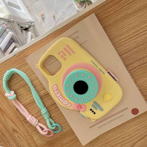 iPhone 15 Series 3D Retro Camera Silicone Case Cover With Sling Yellow