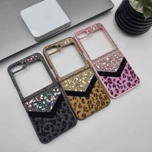 Samsung Galaxy Z Flip 6 Rhinestone Leopard Soft Fur Wristband Sling Case