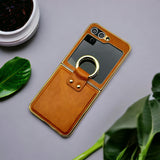 Samsung Galaxy Z Flip 5 PU Leather Chromeplated Ring Case Screen Protector Cover
