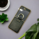 Samsung Galaxy Z Flip 5 PU Leather Chromeplated Ring Case Screen Protector Cover