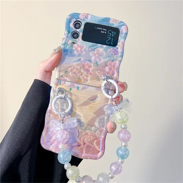 Samsung Galaxy Z Flip Series Floral Print Glossy Case With Crystal Pearl Bow Chain