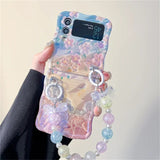 Samsung Galaxy Z Flip Series Floral Print Glossy Case With Crystal Pearl Bow Chain