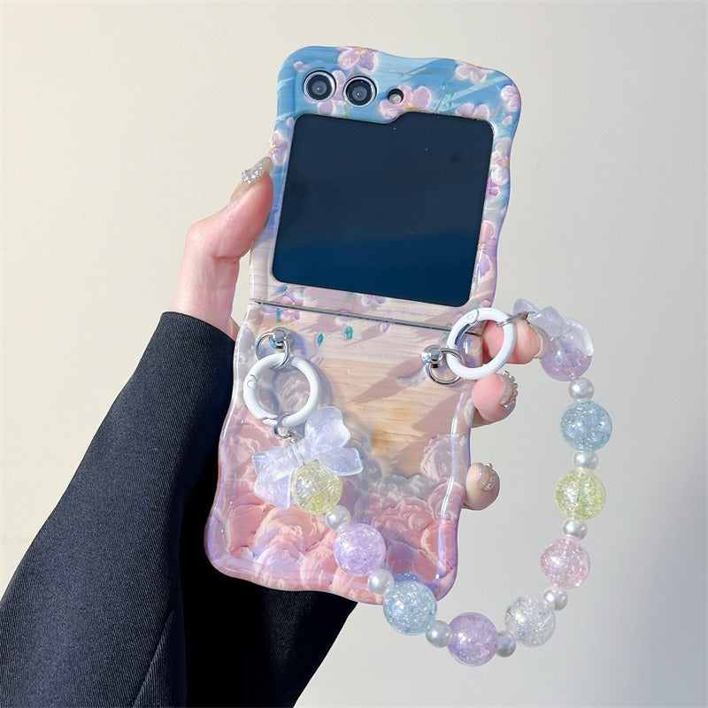 Samsung Galaxy Z Flip Series Floral Print Glossy Case With Crystal Pearl Bow Chain