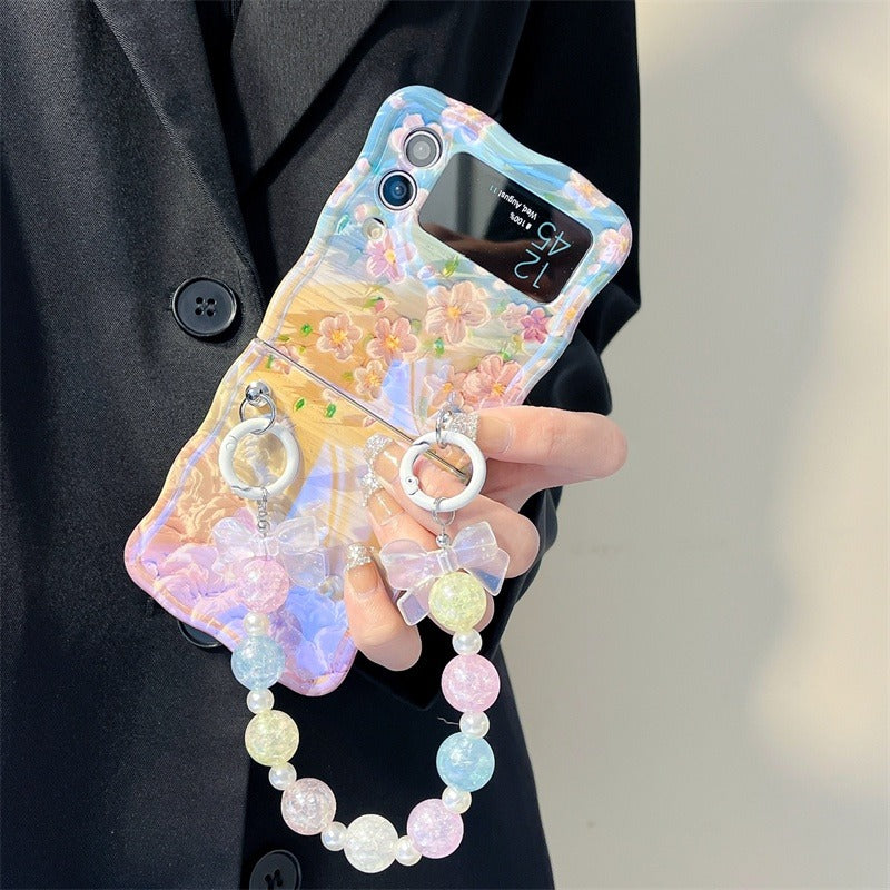 Samsung Galaxy Z Flip Series Floral Print Glossy Case With Crystal Pearl Bow Chain