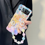 Samsung Galaxy Z Flip Series Floral Print Glossy Case With Crystal Pearl Bow Chain