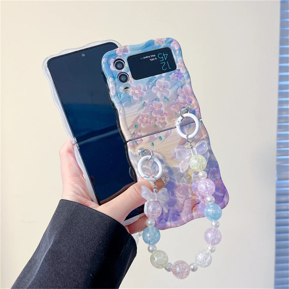 Samsung Galaxy Z Flip Series Floral Print Glossy Case With Crystal Pearl Bow Chain